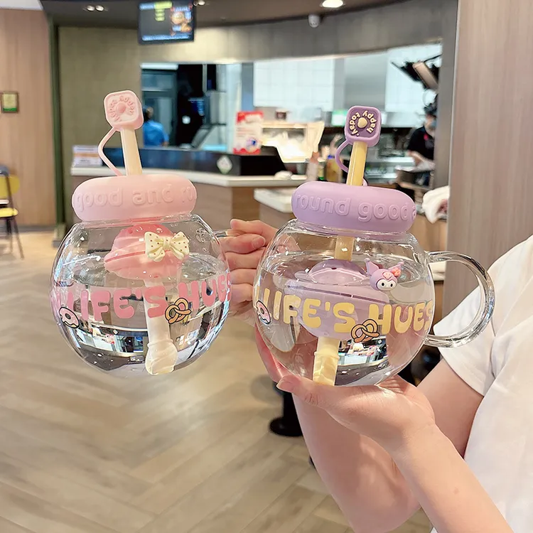 玻璃杯女带吸管大容量水杯高颜值新款办公室桌面泡茶杯可爱大肚杯