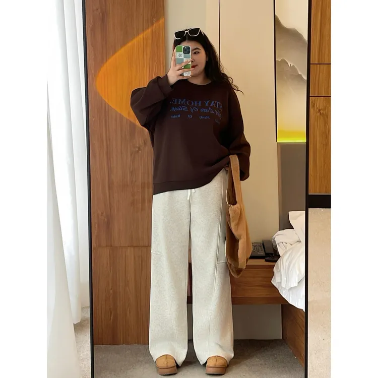 花契“杏仁布雷”大码女装冬季百搭200斤胖mm宽松加绒卫裤16145-X