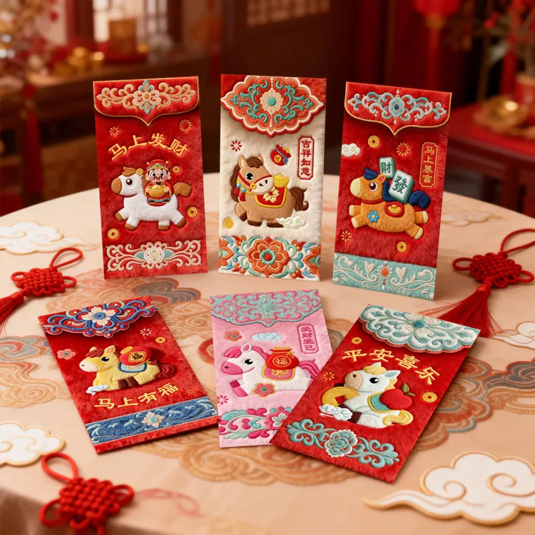 【到手30个】2026马年红包平面立体仿刺绣风格大号中式压岁利是封