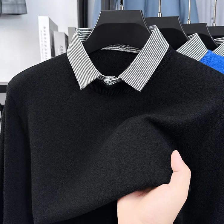 [假两件]秋款针织衫毛衣衬衫领拼接圆领毛衫假两件套翻领休闲毛针