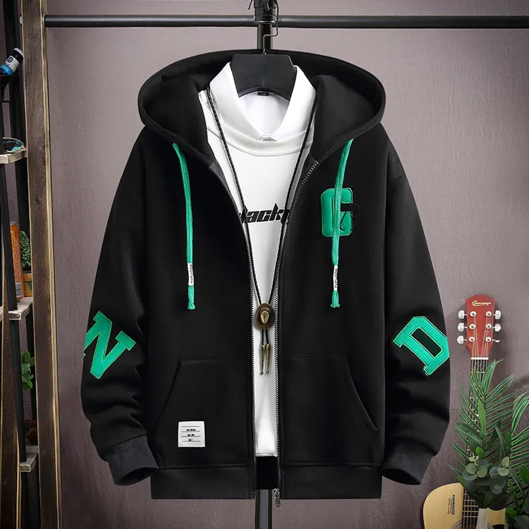 春季单层一体薄绒卫衣加绒连帽秋冬男青少年中学生夹克外套百搭