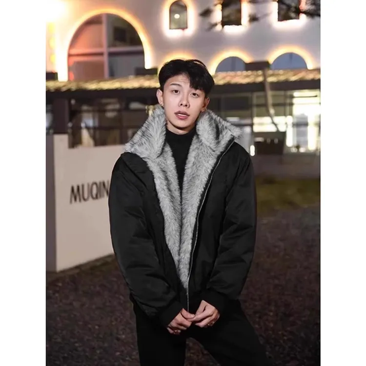 美式复古座山雕毛领棉服男冬季百搭保暖棉袄帅气立领夹克棉衣外套