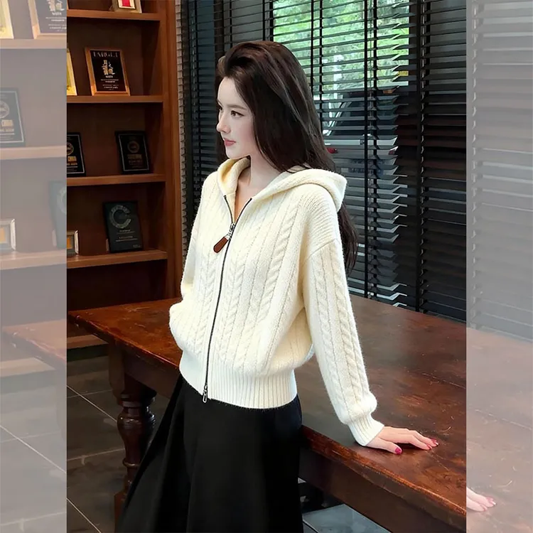 秋冬新款气质轻熟风针织连帽开衫外套女时尚百搭洋气减龄别致上衣