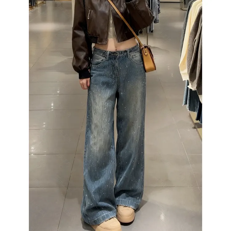 2025烫钻女水洗长裤辣妹风牛仔裤休闲高腰女秋冬显瘦直筒阔腿裤