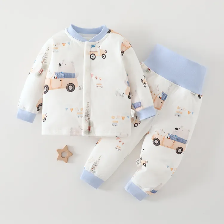 【可开裆】秋冬婴儿夹棉套装可爱卡通男女宝宝棉衣开衫高腰护肚裤子