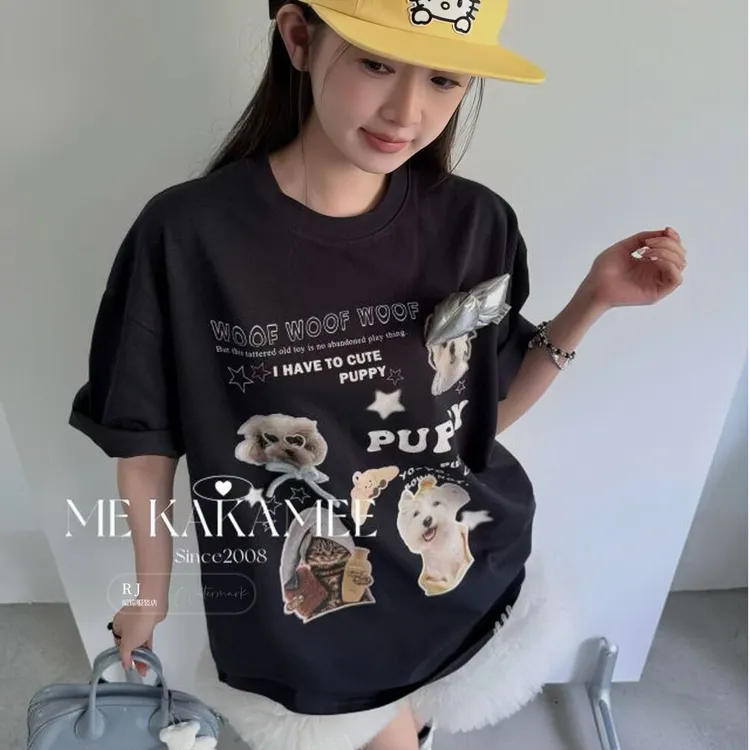 【RJ】夏季圆领长款卡通动漫t恤短袖中长款休闲印花蝴蝶结宽松上衣