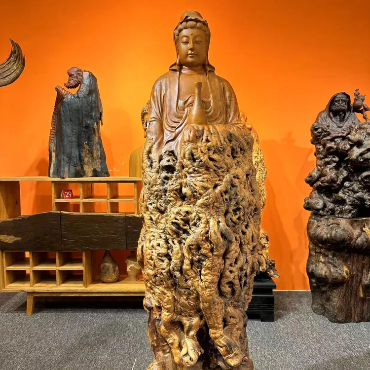 《净瓶·观音》枣木手工雕刻落地摆件 尺寸：50-50-143