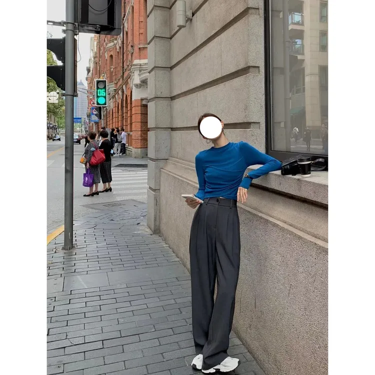 秋季多巴胺新款修身显瘦圆领长袖针织衫高腰垂感西装裤两件套装女