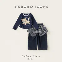 INSbobo女童套装可爱印花抽褶T恤格子装饰布拼接工装裤潮QT25309