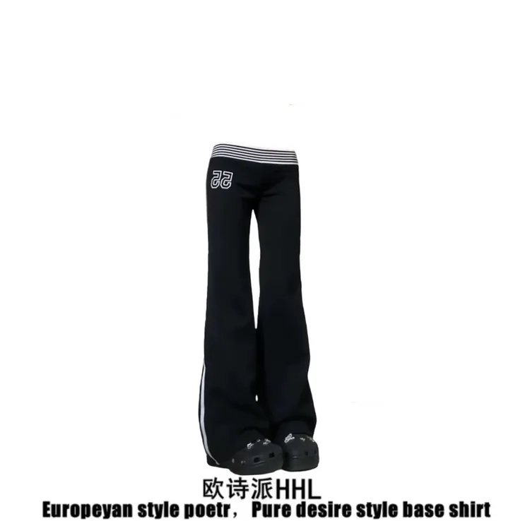 设计感美式街头条纹腰头休闲裤女2025款秋低腰修身直筒印花长裤潮