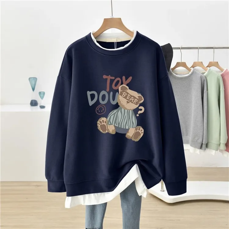 卫衣女秋冬大码加绒加厚印花宽松圆领长袖上衣