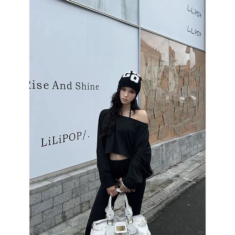 美式设计感修身显瘦网红穿搭露肩上衣休闲简约时尚直筒长裤套装女