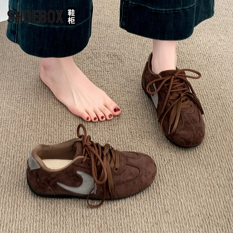 SHOEBOX鞋柜小众复古软底棕色德训鞋女冬2025超火阿甘鞋百搭板鞋
