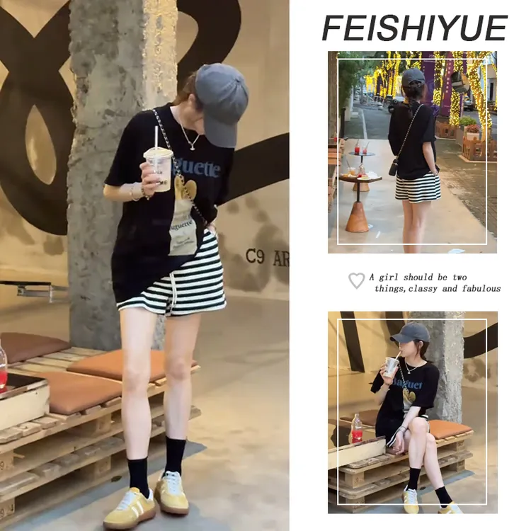 2025夏季穿搭一整套女新款韩版宽松百搭短袖上衣休闲短裤两件套