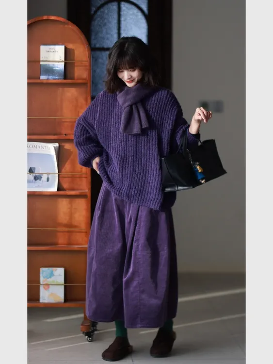 2025超火冬装一整套韩式慵懒chic紫色毛衣搭配灯芯绒阔腿裤套装女
