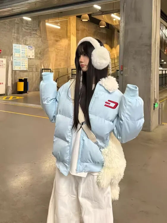 多巴胺复古设计感翻领女学生冬时尚加厚印花加厚棉服外套