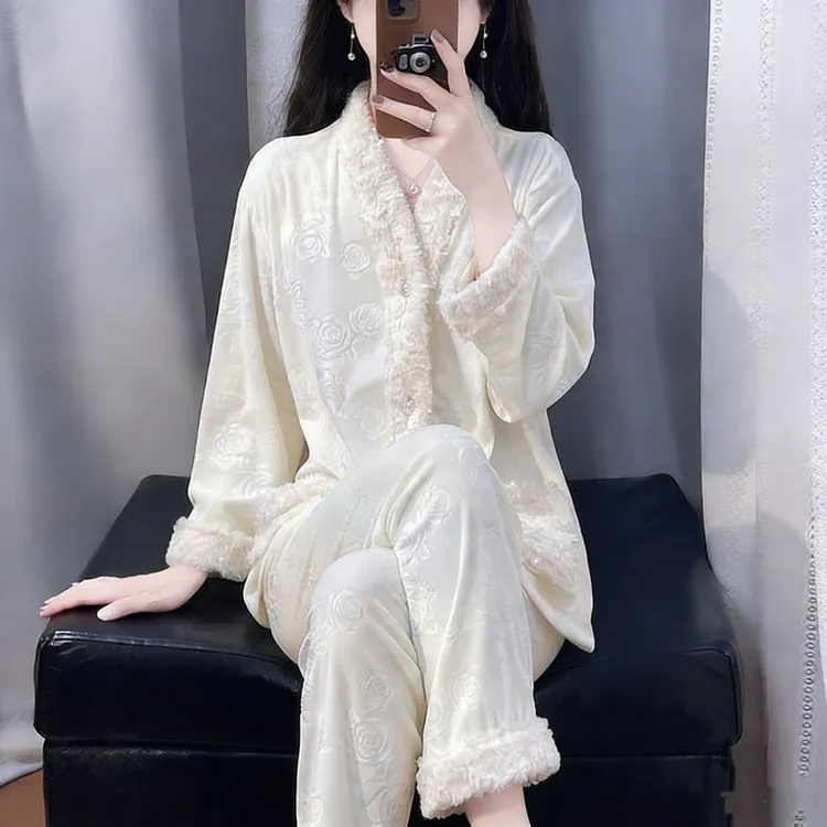 秋冬新款女士羊羔绒双面海岛绒加厚保暖可外穿睡衣家居品质款