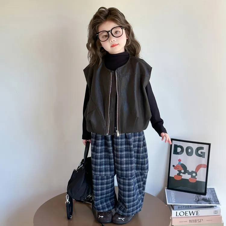 女童套装秋季2025新款洋气儿童皮马甲秋装时髦女宝宝三件套韩版潮