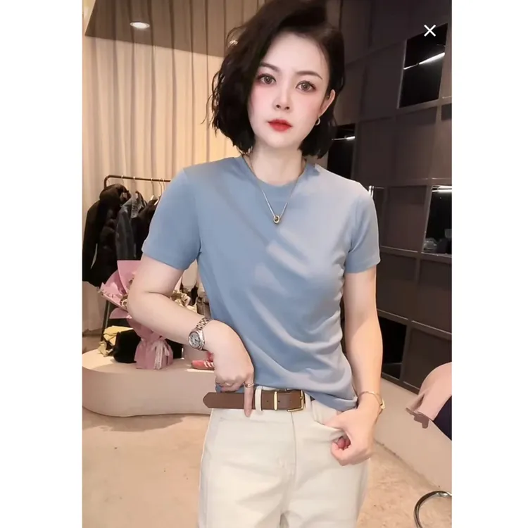 《姚家优麦汇》Y1172春夏款低领设计感时尚百搭短袖显瘦上衣女