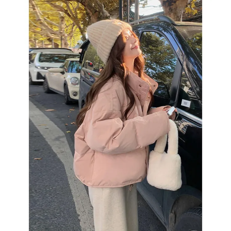粉色韩版时尚洋气羽绒服女短款2025冬季新款小个子立领白鸭绒外套