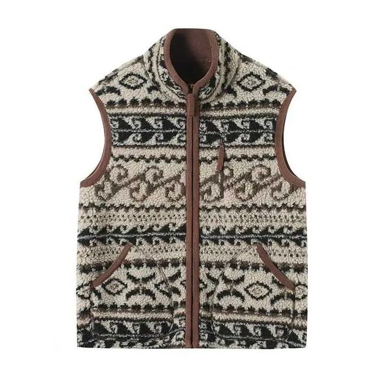 复古百搭费尔岛花纹仿羊羔毛摇粒绒马夹柔软蓬松拉链立领马甲背心