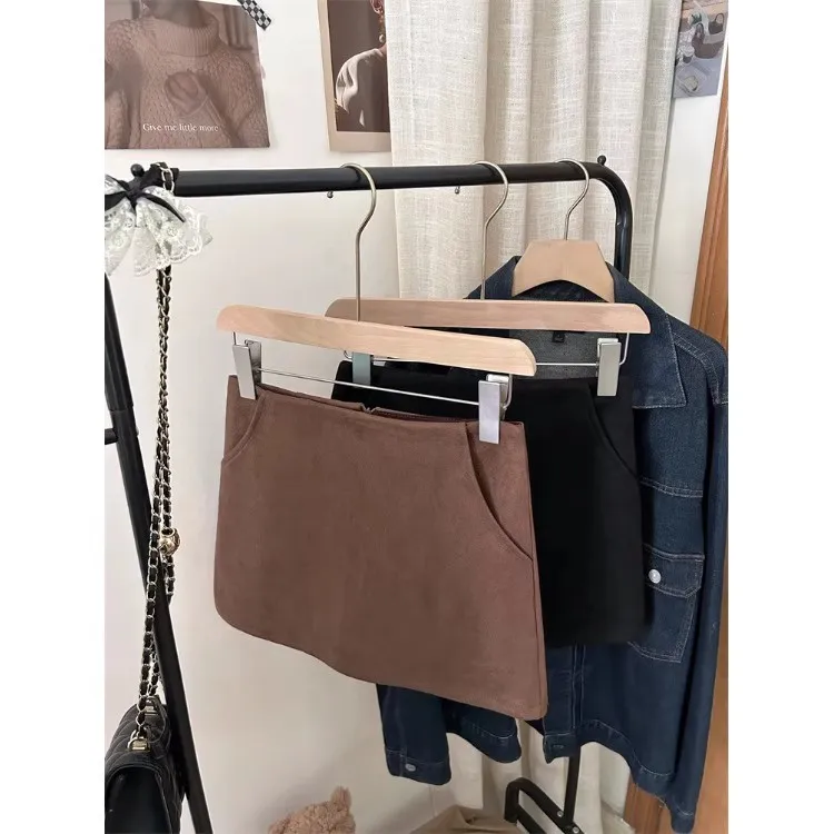 美拉德辣妹风纯色鹿绒皮低腰半身裙女装秋冬季显瘦百搭A字裙短裙