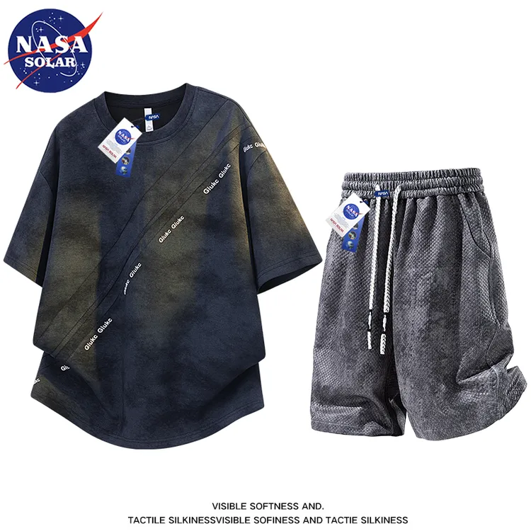 NASA SOLAR男生大码运动短袖套装夏季痞帅高街ins百搭宽松T恤短裤