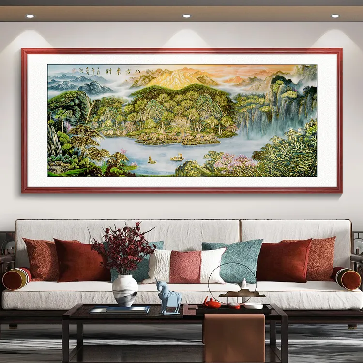 浮雕描金 八方来财 新中式山水客厅装饰画办公室沙发背景墙挂画