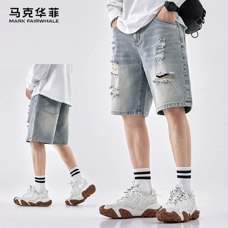 马克华菲男生潮牌破洞牛仔短裤夏季薄款宽松五分裤弹力休闲中裤子