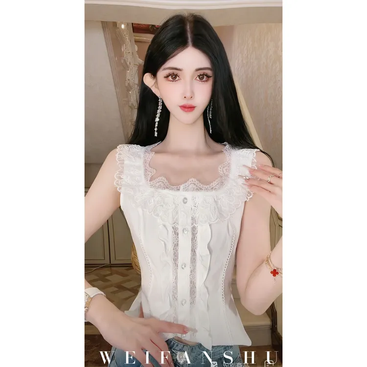 WEIFANSHU/魏凡舒【北海书信】夏季新款设计感收腰方领蕾丝显瘦上衣