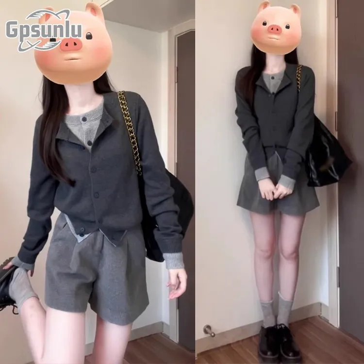 gpsunlu假两件上衣新款秋季韩系高级穿搭灰色针织毛衣开衫外套女