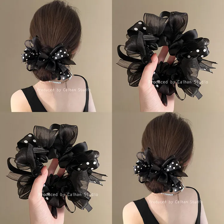 波点圆舞曲~韩系网纱蝴蝶结发圈女高级感优雅气质丸子头头