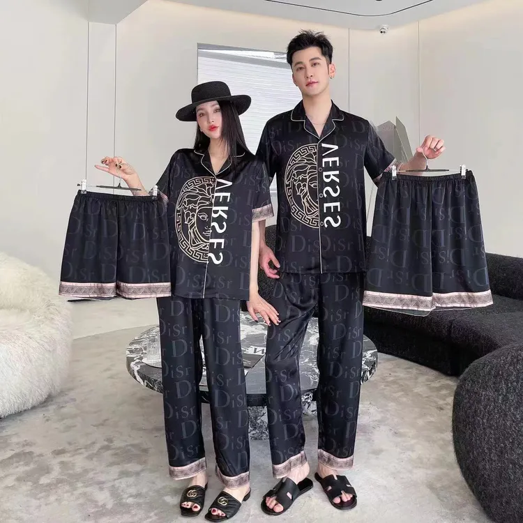 轻奢情侣高级冰雪丝新款三件套短袖长袖款式J睡衣家居服