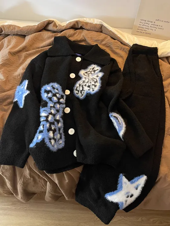 甜美卡通针织睡衣女秋冬新款半边绒加绒加厚家居服大码套装可外穿