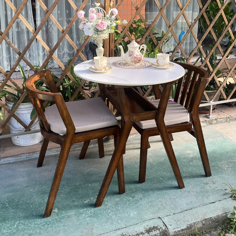 欧式简约实木餐桌椅组合小户型家居一桌两椅收纳小圆桌岩板小饭桌