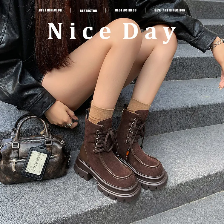 时尚厚底小短靴2025冬季新款真皮短筒女靴子系带机车靴休闲马丁靴