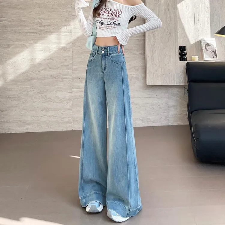浅蓝色水洗休闲阔腿软牛仔裤女长裤早春高腰弹力显瘦阔脚拖地裤子