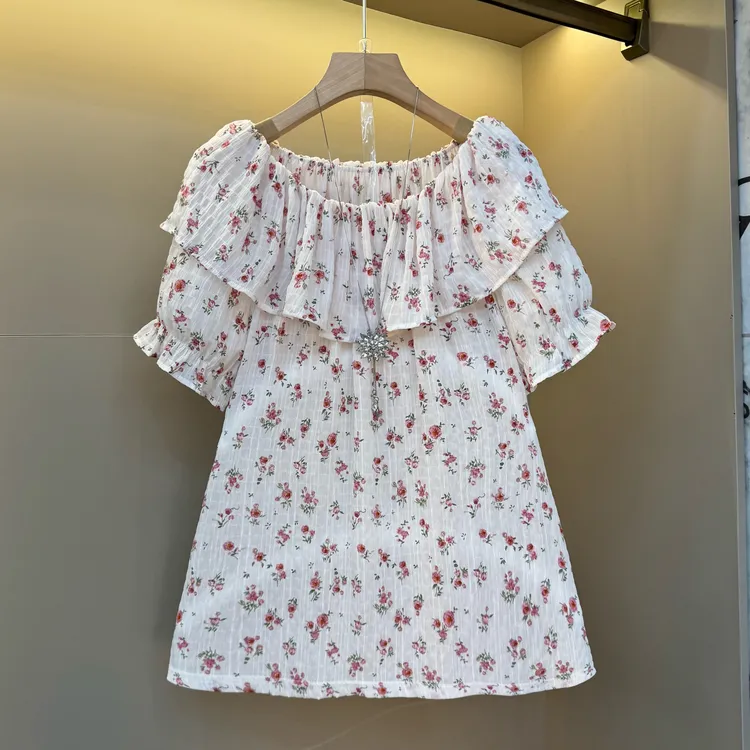 2025欧货韩系甜美碎花一字肩大荷叶领宽松休闲度假风小衫7971