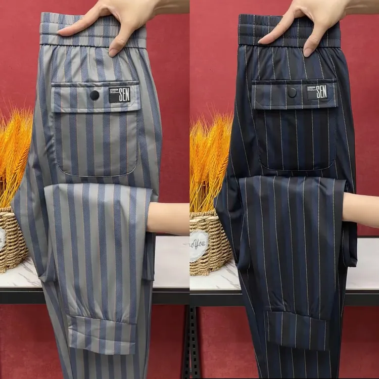 高档冰丝竖条纹休闲裤男夏季薄款速干小脚裤时尚高弹力冰凉直角裤