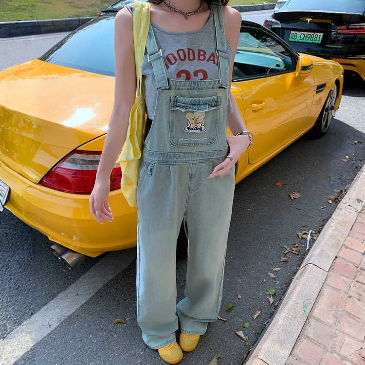 复古水洗刺绣牛仔背带裤女春秋新款可爱减龄宽松显瘦休闲连体裤子