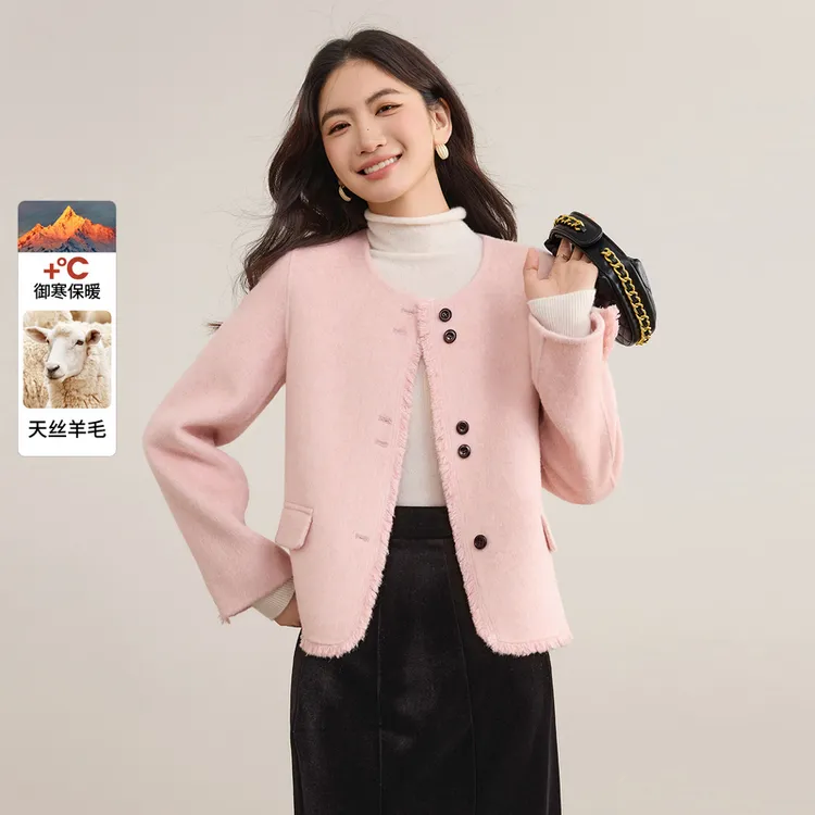 【天丝羊毛】优雅风单排扣假盖袋厚保暖短款天丝羊毛双面呢大衣