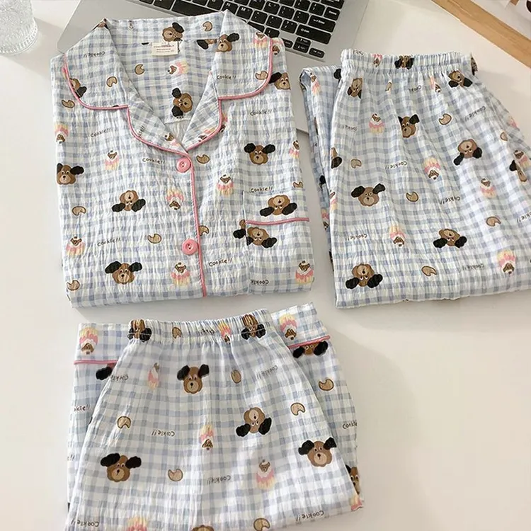 三件套格子睡衣女夏季云朵棉短袖日系卡通学生ins春秋家居服套装