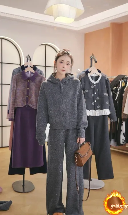 F3072【加绒加厚】欧货休闲运动套装秋新款时尚拉链连帽卫衣两件套