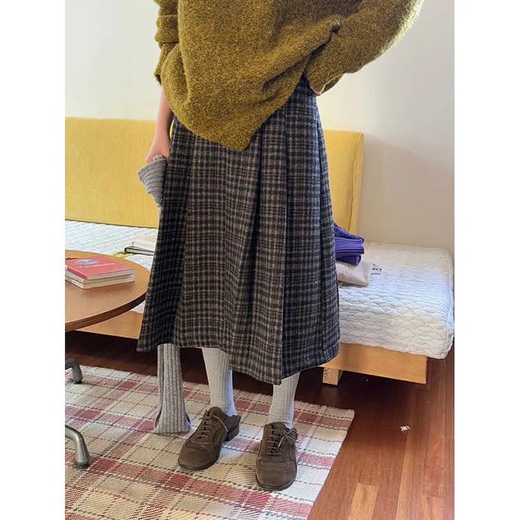 复古咖色千鸟格压褶半身裙女秋冬季高腰中长款厚实毛呢a字伞裙子