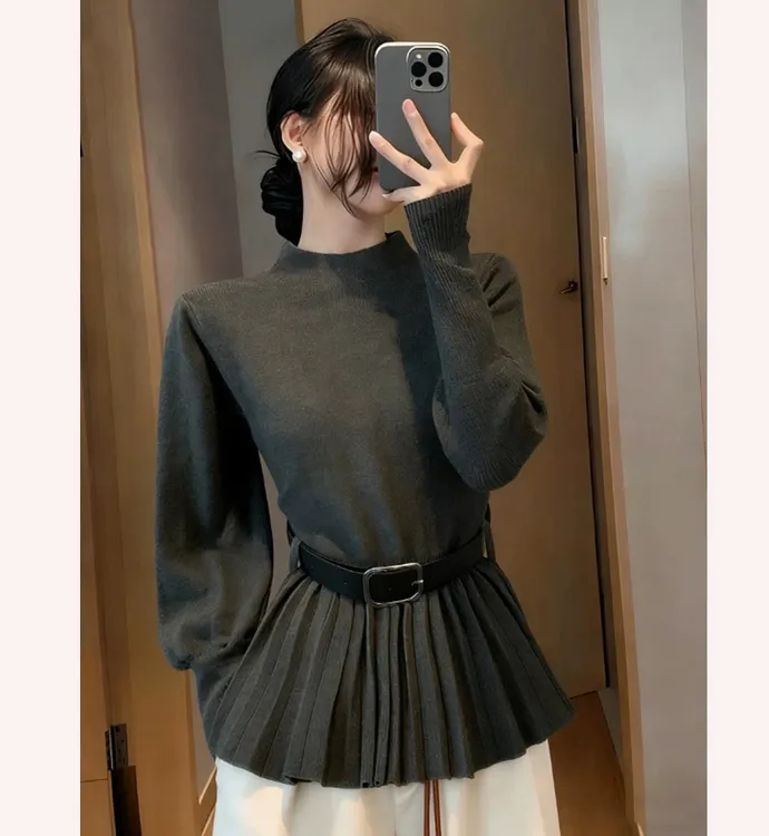 2025年冬新款纯欲针织衫女半高领灯笼袖毛衣收腰显瘦长袖上衣ins