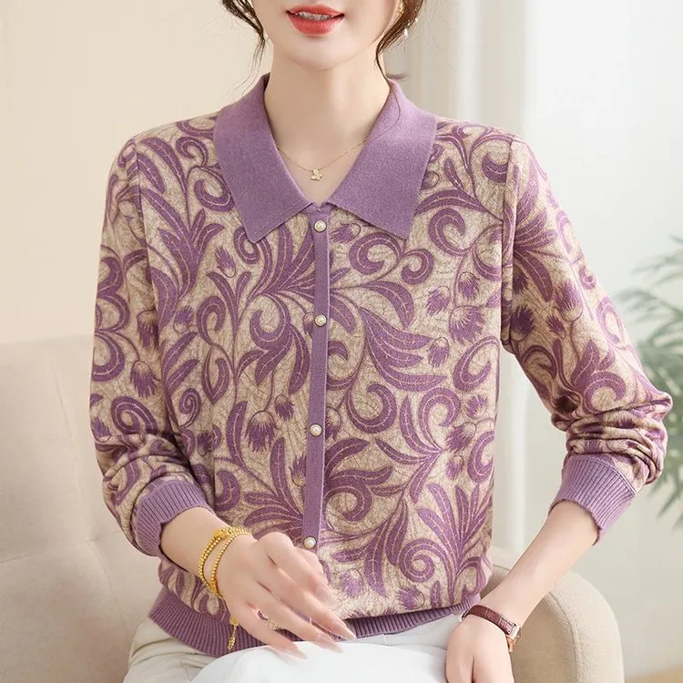 妈妈装小衫上衣宽松气质中老年人女装针织衫娃娃领打底衫秋季套装