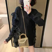 张静芝韩国东大门冬 精致网格蕾丝荷叶边经典毛线针织连衣裙女