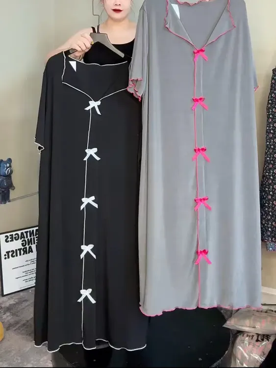 新款洋气蝴蝶结拼接弹力宽松睡裙