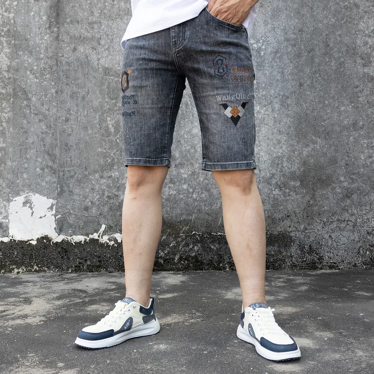 夏季刺绣牛仔短裤男款水洗透气欧美风休闲修身薄款百搭五分裤子