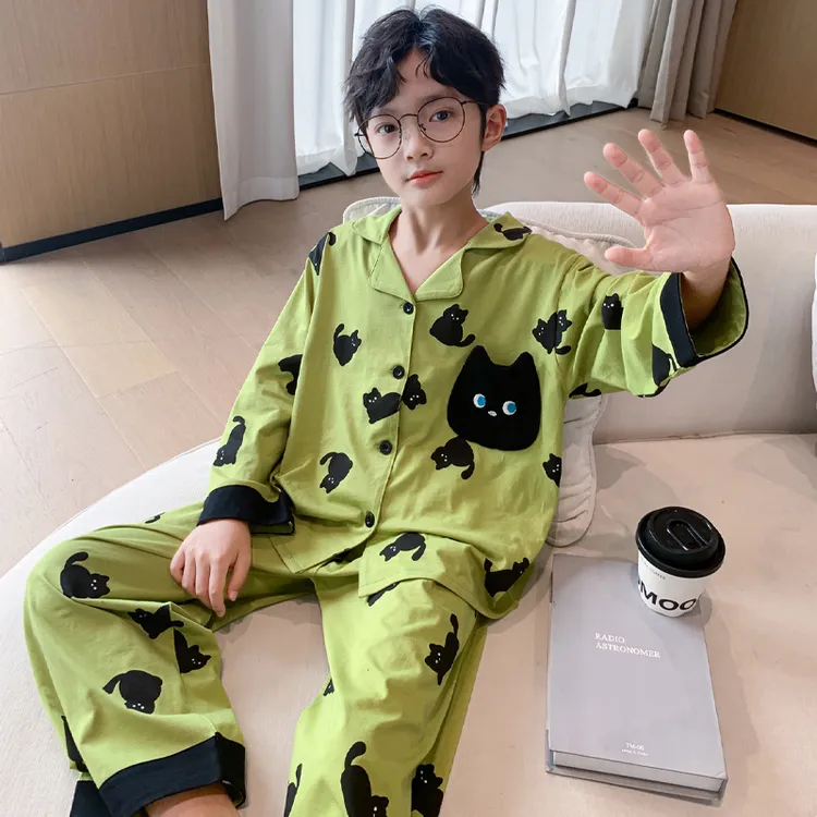 儿童睡衣春秋季长袖套装男童中大童纯棉10至15岁小男孩猫咪家居服